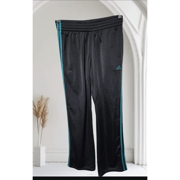 Vintage Adidas Track Pants Size M Black Green  3Stripe Y2K Drawstring 32 Inseam - Picture 1 of 3